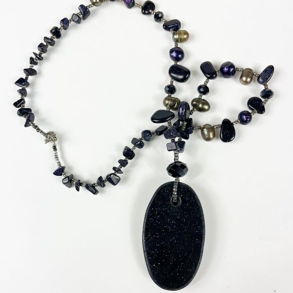 Blue Goldstone Pendant Necklace Pearls Gemstone Chunks Beads Artisan - Picture 4 of 5